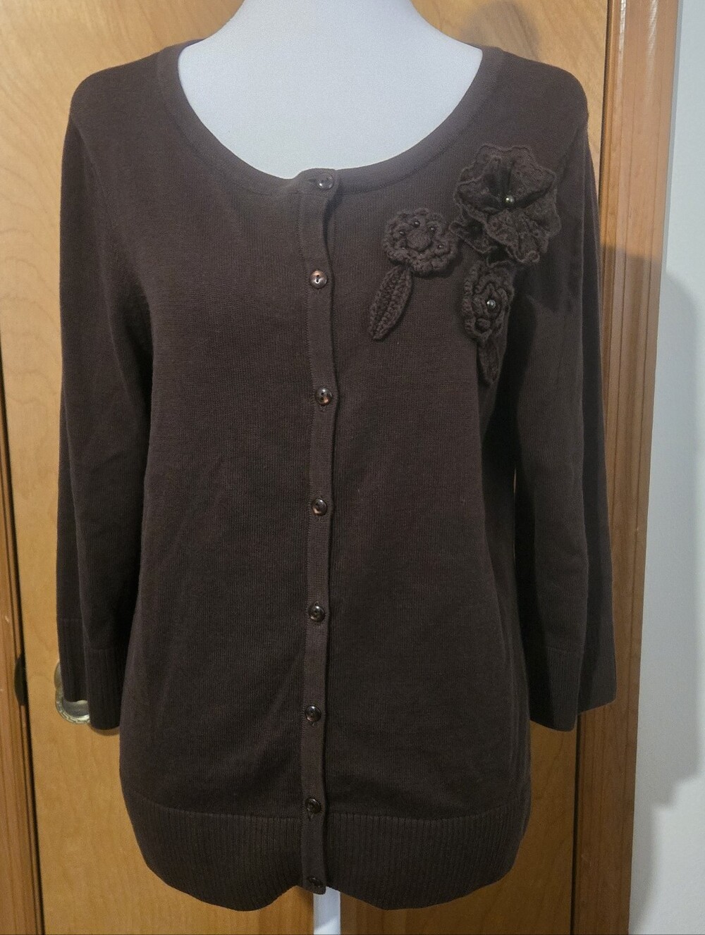 Vtg Christopher & Banks 100% Cotton Brown Button-Front Cardigan Size M